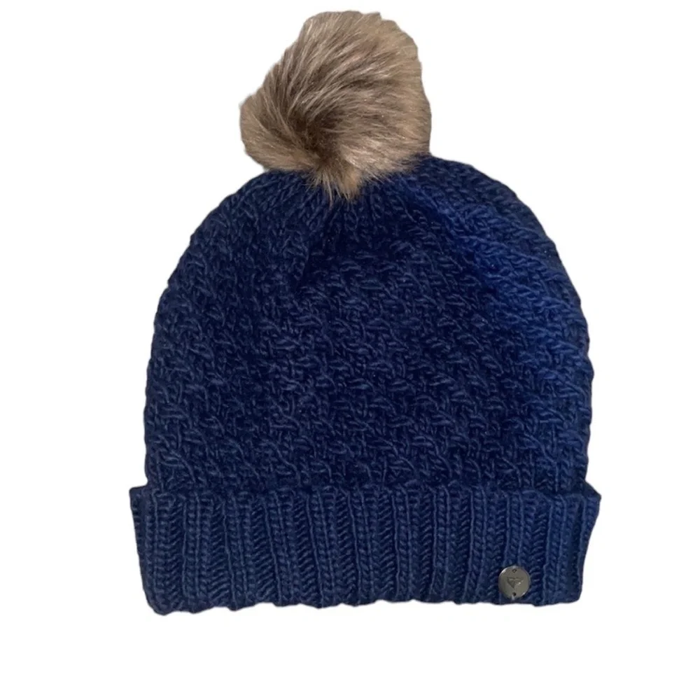ROXY KNIT BEANIE​ NAVY BLUE WOMENS HAT POMPOM​​​​​​​​